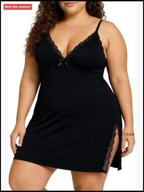 Plus Size Lace Modal Chemise Nightgown Babydoll Sleepwear High Side Slit